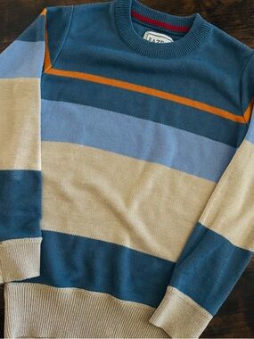 Striped Crewneck Sweater in Blue, Beige & Orange Accent